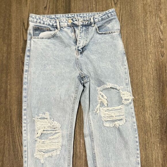 Shein Straight Jeans Distressed Denim Cotton Blend 5-Pockets Light Wash Medium - Picture 3 of 11